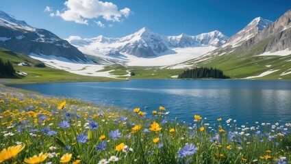 Vibrant Summer Landscape Featuring Wildflower Meadow Snow-Capped Mountains and Tranquil Blue Lake Under Clear Blue Sky