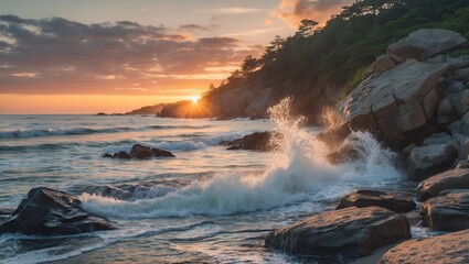 Obraz premium Coastal Sunset Waves Splashing Against Rocks Illuminated by Golden Light with Serene Atmosphere and Space for Text Overlay