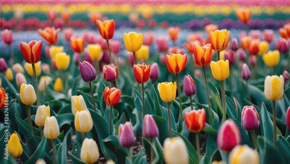 Poster vibrant tulip field in full bloom with mixed colors creating a serene natural landscape in soft focu