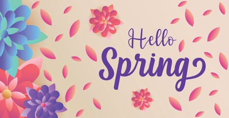 Hello spring web banner greeting card background. Spring season background with colorful flowers and modern trendy design. Spring text with bloom flowers for holiday season celebration template