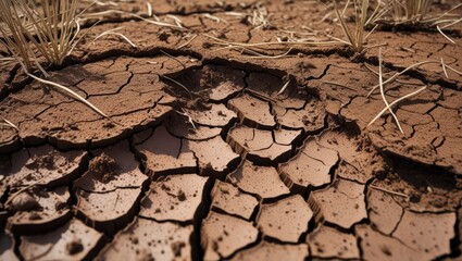 Fototapeta premium Cracked dry earth and dead grass symbolizing the effects of global warming and drought in arid landscapes highlighting environmental challenges.