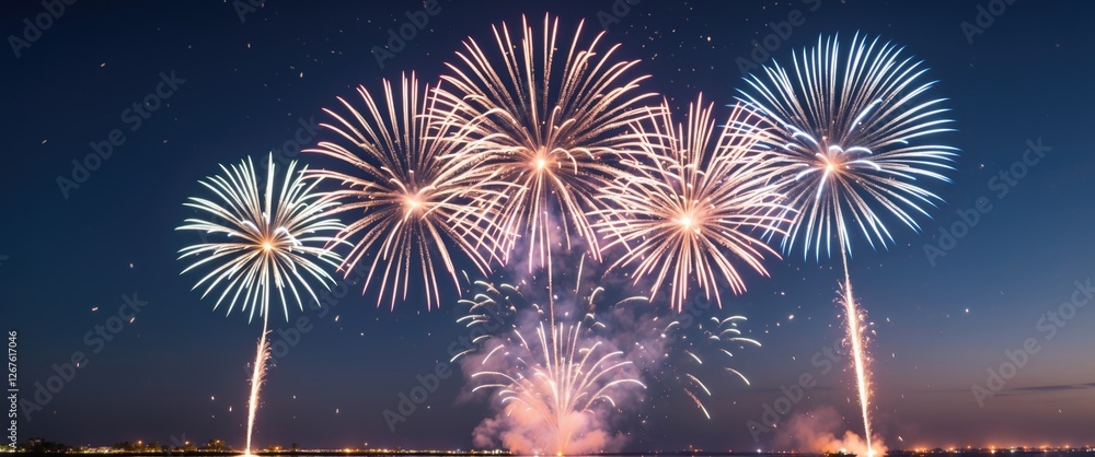 Poster vibrant fireworks bursting in the night sky with colorful patterns and space for text overlay