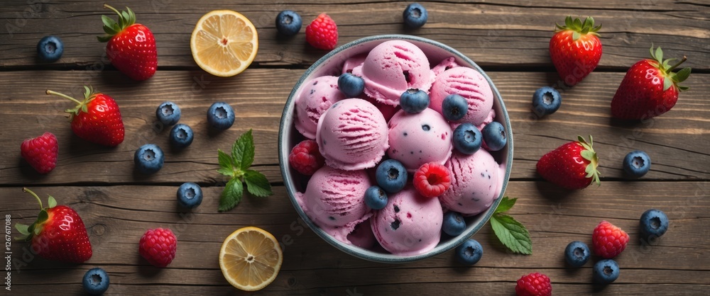 Poster homemade berry ice cream in bowl surrounded by fresh berries and lemon on rustic wooden table with s