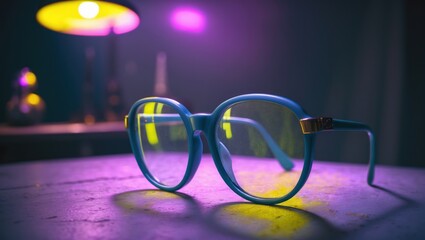 Vintage gray-blue glasses illuminated by colorful purple and yellow lighting on a blurred dark background showcasing retro style and ambiance.
