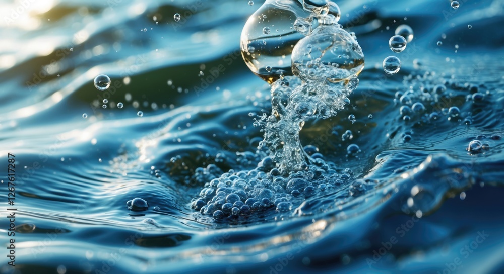 Poster crystal clear water surface with bubbles creating a refreshing wave pattern suitable for clean drink