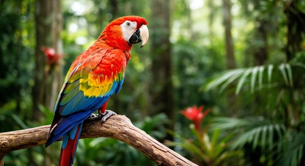Fototapeta premium A Scarlet Macaw Perched on a Branch in a Lush Amazonian Rainforest