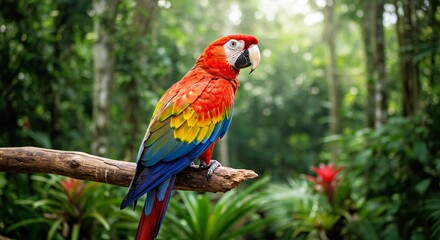 Fototapeta premium Scarlet Macaw Perched on a Branch in a Lush Amazonian Rainforest