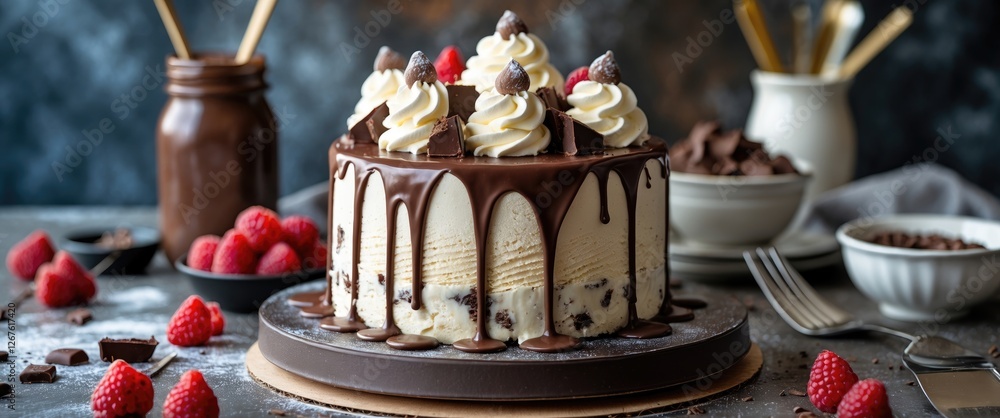 Poster decadent ice cream cake topped with chocolate drizzle and fresh raspberries on a rustic table settin
