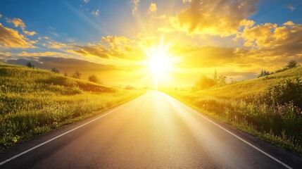 Naklejka premium Sunlit Road Through Golden Fields at Sunset