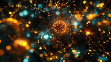 Neural Network, golden neuron, glowing connections, bokeh background