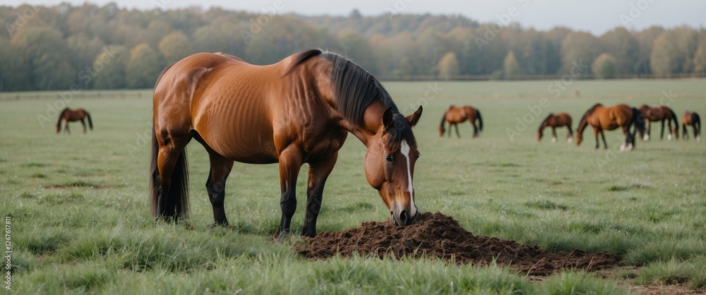 Poster brown horse grazing in field with green grass and copy space for text in background