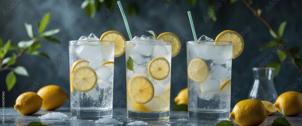 Poster refreshing citrus lemonade drinks with ice and lemon slices on table with copy space for text in a b