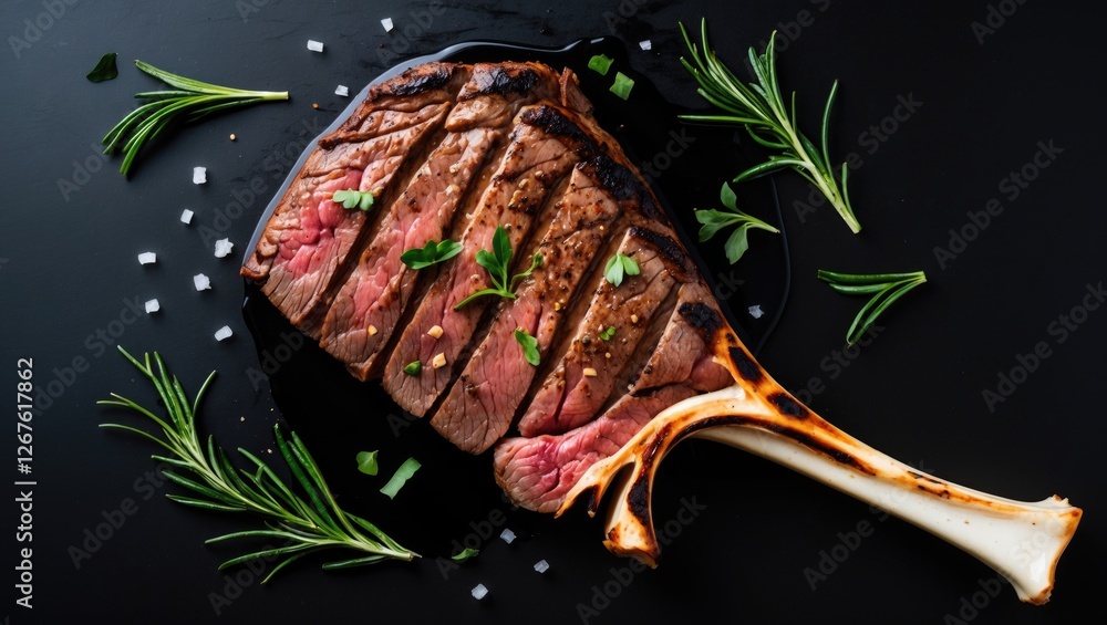 Poster grilled striploin steak with bone on black background garnished with herbs and empty space for text 