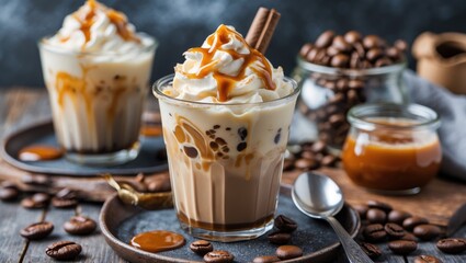 Iced coffee topped with cream and caramel drizzles served in glass with coffee beans and caramel sauce on wooden table for advertising purposes