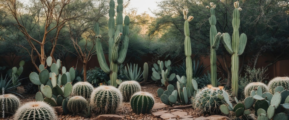 Aufkleber desert garden with diverse cactuses and succulents featuring inviting empty space for text overlay