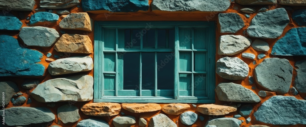 Poster rustic stone wall featuring a vintage turquoise window framed by an array of natural stones emphasiz