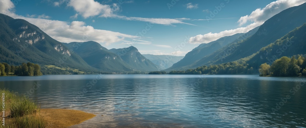 Poster scenic lake view surrounded by mountains under a clear sky with tranquil water and empty space for t