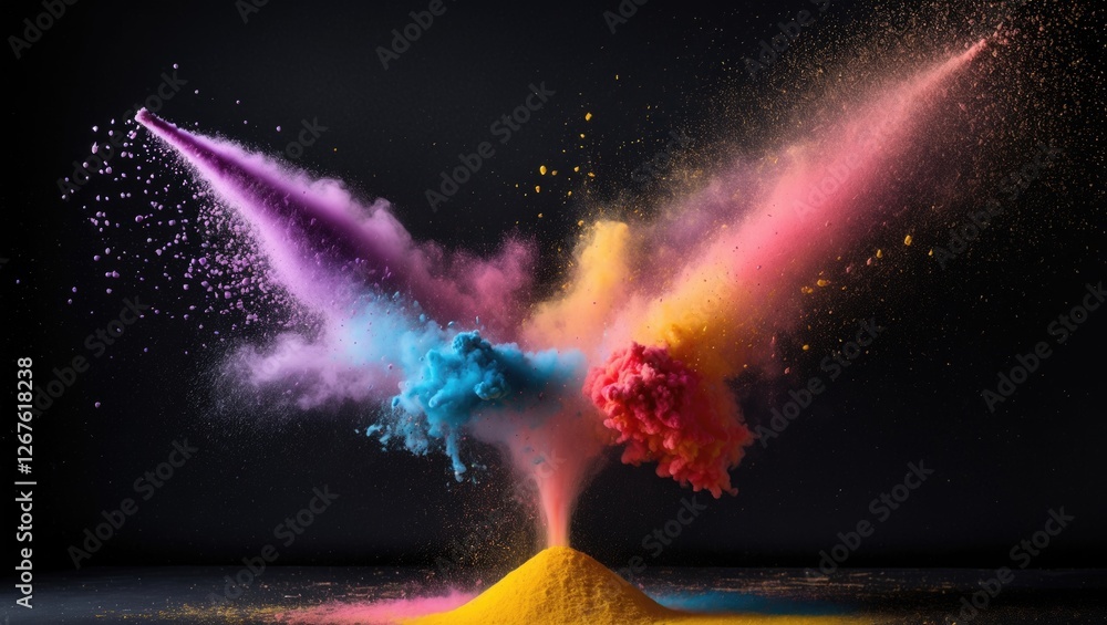 Poster vibrant clouds of colorful powder bursting from a central mound against a dark background creating a