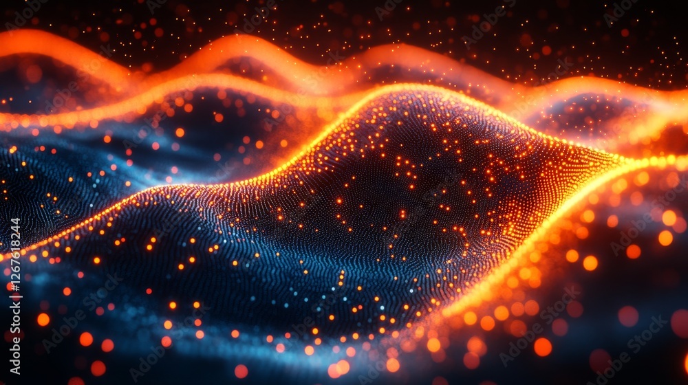 Poster abstract glowing wave of particles, digital rendering.