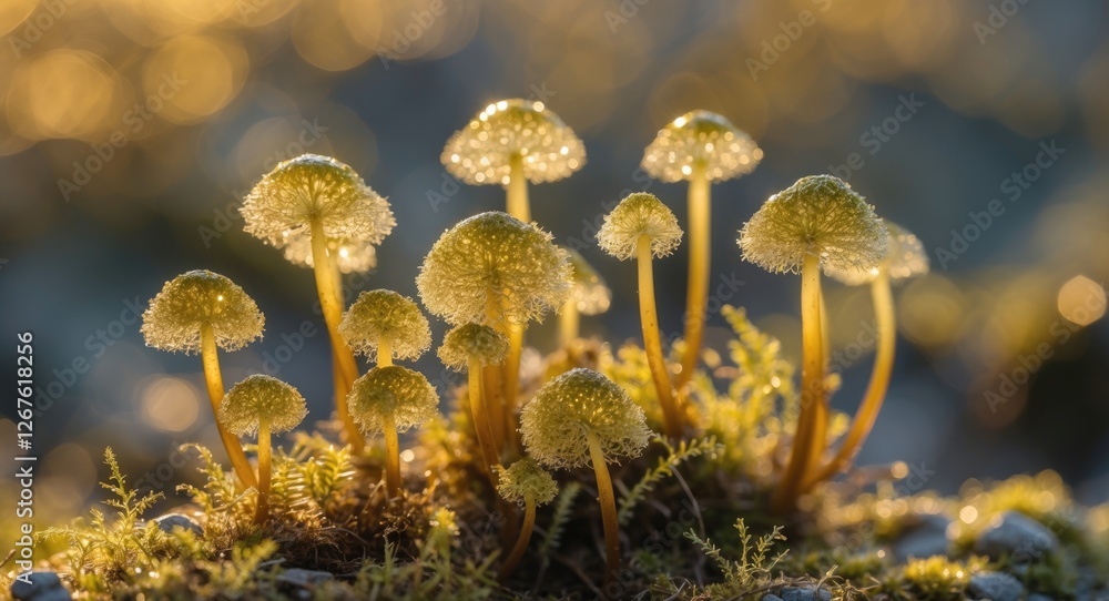 Poster golden light macro of spring moss with dew drops and copy space for text