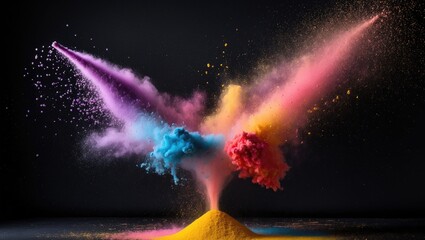 Vibrant clouds of colorful powder bursting from a central mound against a dark background creating a dynamic and artistic visual display