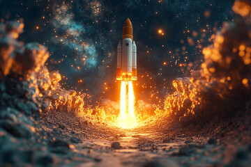 Blazing Ascent, Rocket Soaring Through the Cosmos on a Celestial Trajectory