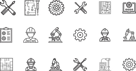 Engineering icon line art style vector set for web. Engineering technology linear icons. Containing design, project, production, blueprint, engineer, construction, manufacturing. Editable stroke.