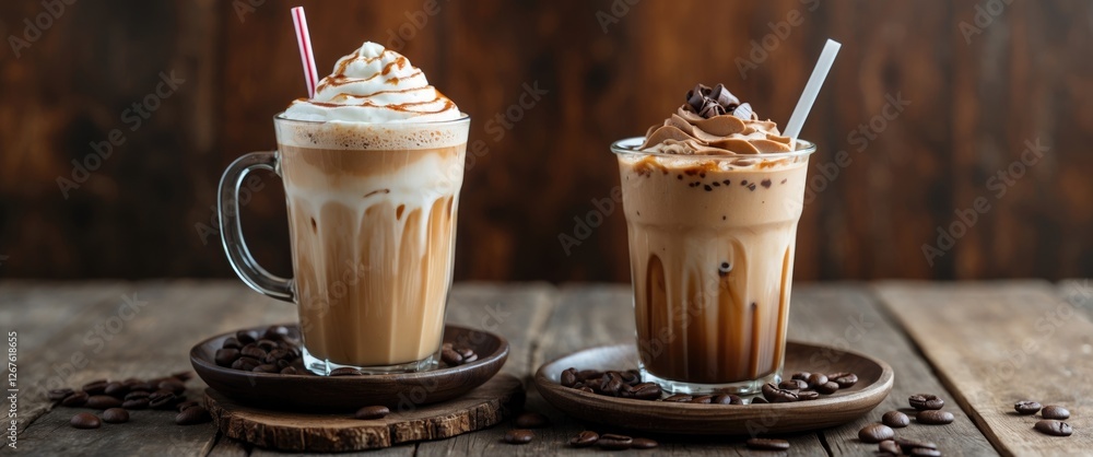 Poster Iced Coffee Latte and Mocha on Rustic Wood Table with Empty Space for Text and Coffee Beans Decor