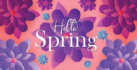 Hello spring web banner greeting card background. Spring season background with colorful flowers and modern trendy design. Spring text with bloom flowers for holiday season celebration template
