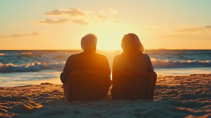 old retired couple sitting on the beach with sunset in background