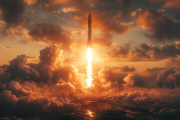Blazing Ascent, Rocket Soaring Through Golden Skies Towards New Frontiers