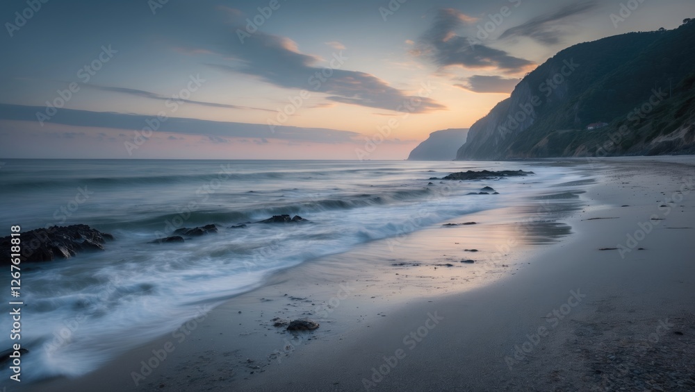 Poster tranquil shoreline landscape with long exposure waves and scenic cliffs under soft twilight sky idea