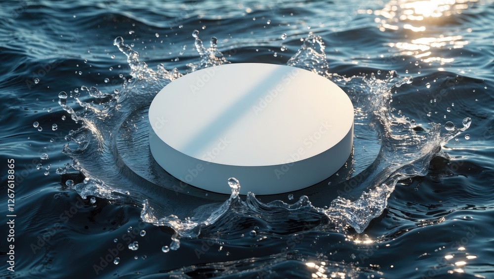 Poster minimalist white circle podium surrounded by splashing waves in clear water with sunlight for produc