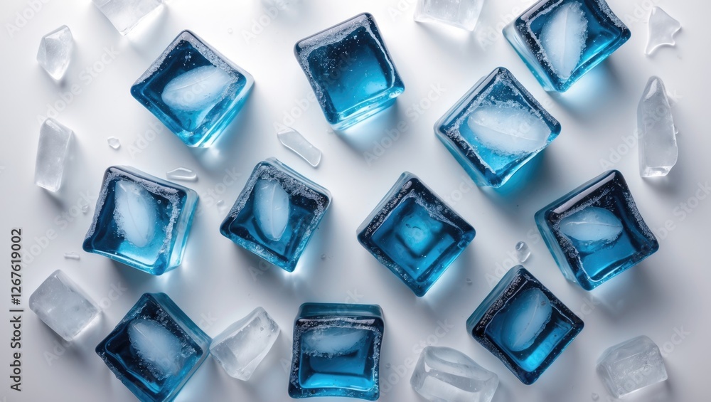 Poster ice cubes in various shapes and sizes on a white background creating a refreshing and cool visual ap