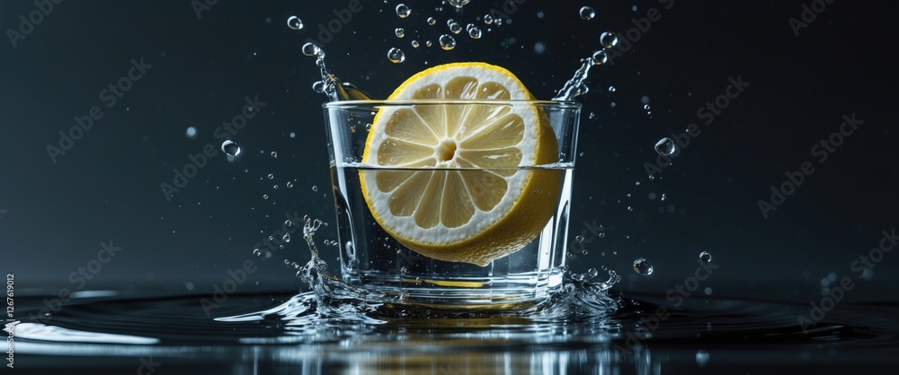 Poster lemon splashing into glass water creating dynamic water effects against dark background with space f