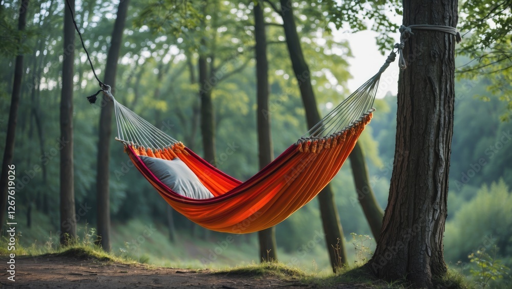 Poster hammock relaxing between trees in a tranquil forest offering serene atmosphere with space for text o