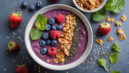 Healthy smoothie bowl topped with berries, granola, and chia seeds on a textured background with space for nutritional text or recipe.