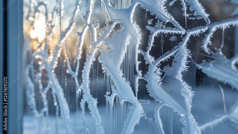 Poster intricate ice patterns on a frozen window capturing sunlight with a blurred natural landscape in the