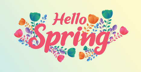 Hello spring web banner greeting card background. Spring season background with colorful flowers and modern trendy design. Spring text with bloom flowers for holiday season celebration template
