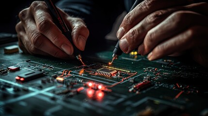 Naklejka premium Close-up of Hands Soldering a Microchip onto a Circuit Board