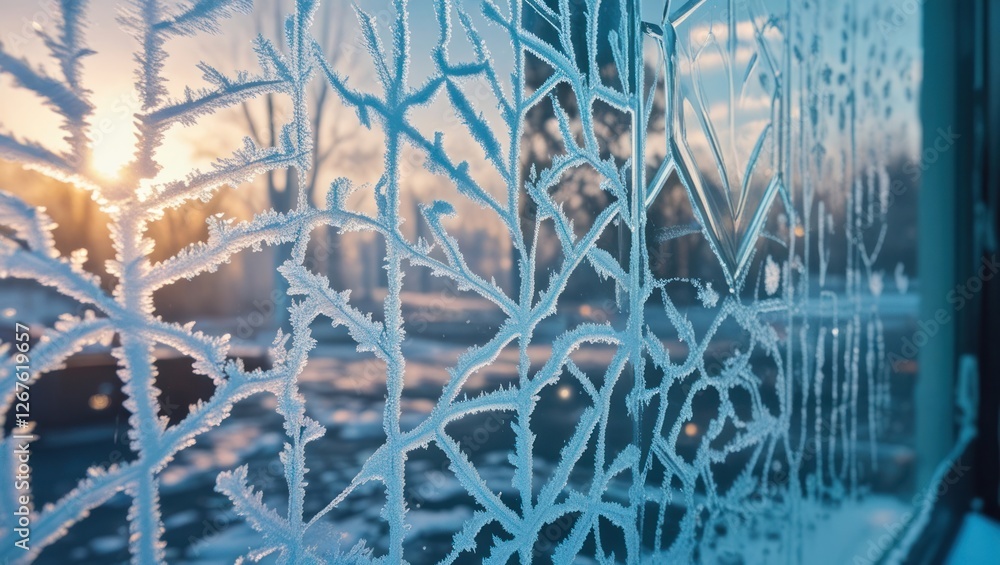 Poster frosted glass texture with intricate icy patterns and sunlight illuminating a winter scene creating 