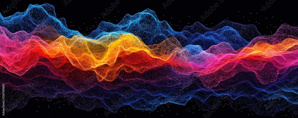 Poster a vibrant wave of colorful light emanates against a dark background, creating a mesmerizing visual e