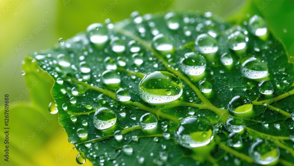 Poster dew droplets on a vibrant green leaf showcasing intricate textures and cellular structures in a fres