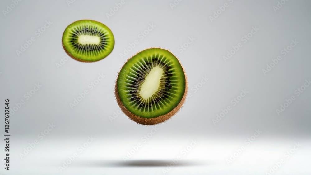Poster kiwi fruit segments floating against a light gray background highlighting freshness and vibrancy in 