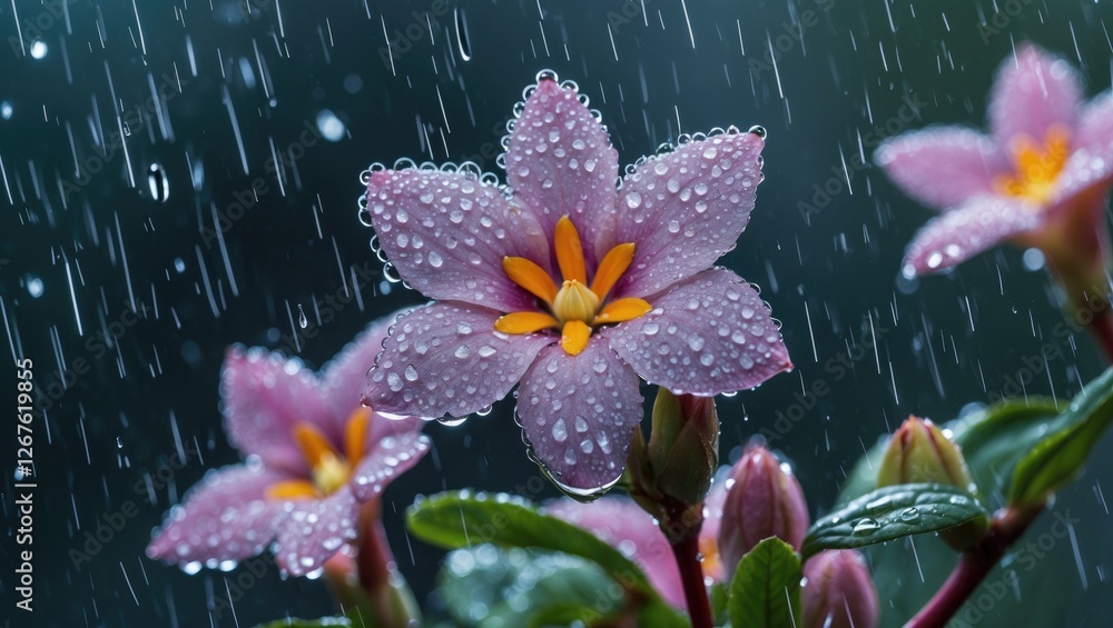 Poster ixora flower covered in raindrops against a soft background with space for text overlay