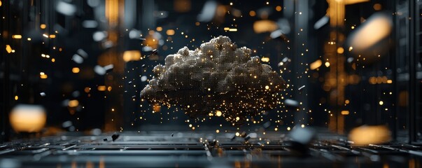 Naklejka premium A captivating digital scene featuring a floating, textured object amidst particles and dynamic lighting, creating a sense of depth and intrigue.