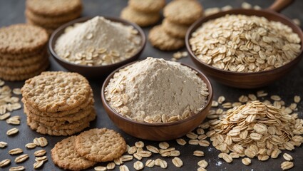 Organic whole grain oatmeal flour with rolled oats and cookies on a textured background showcasing healthy food ingredients and snacks.
