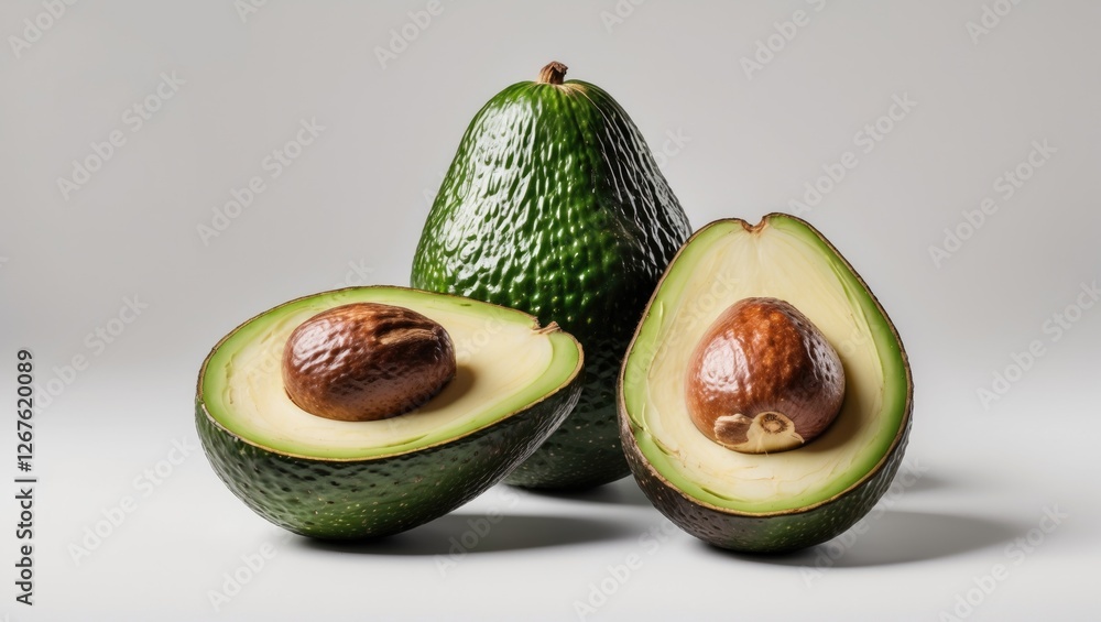 Aufkleber fresh avocados whole and halved showcasing rich green flesh and large pit on a neutral background wi