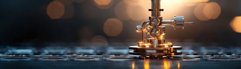 Fototapeta premium A close-up of a mechanical component illuminated by soft light, showcasing intricate details and reflective surfaces against a blurred background.
