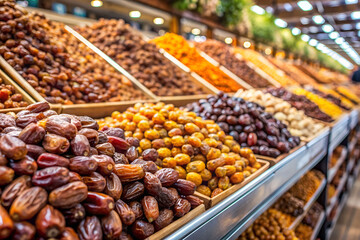 A variety of dried fruits nuts and fresh olives at a market